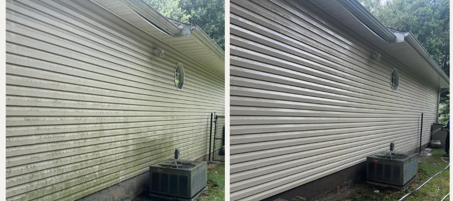 Before and after siding cleaning showing a cleaner Hackensack home exterior